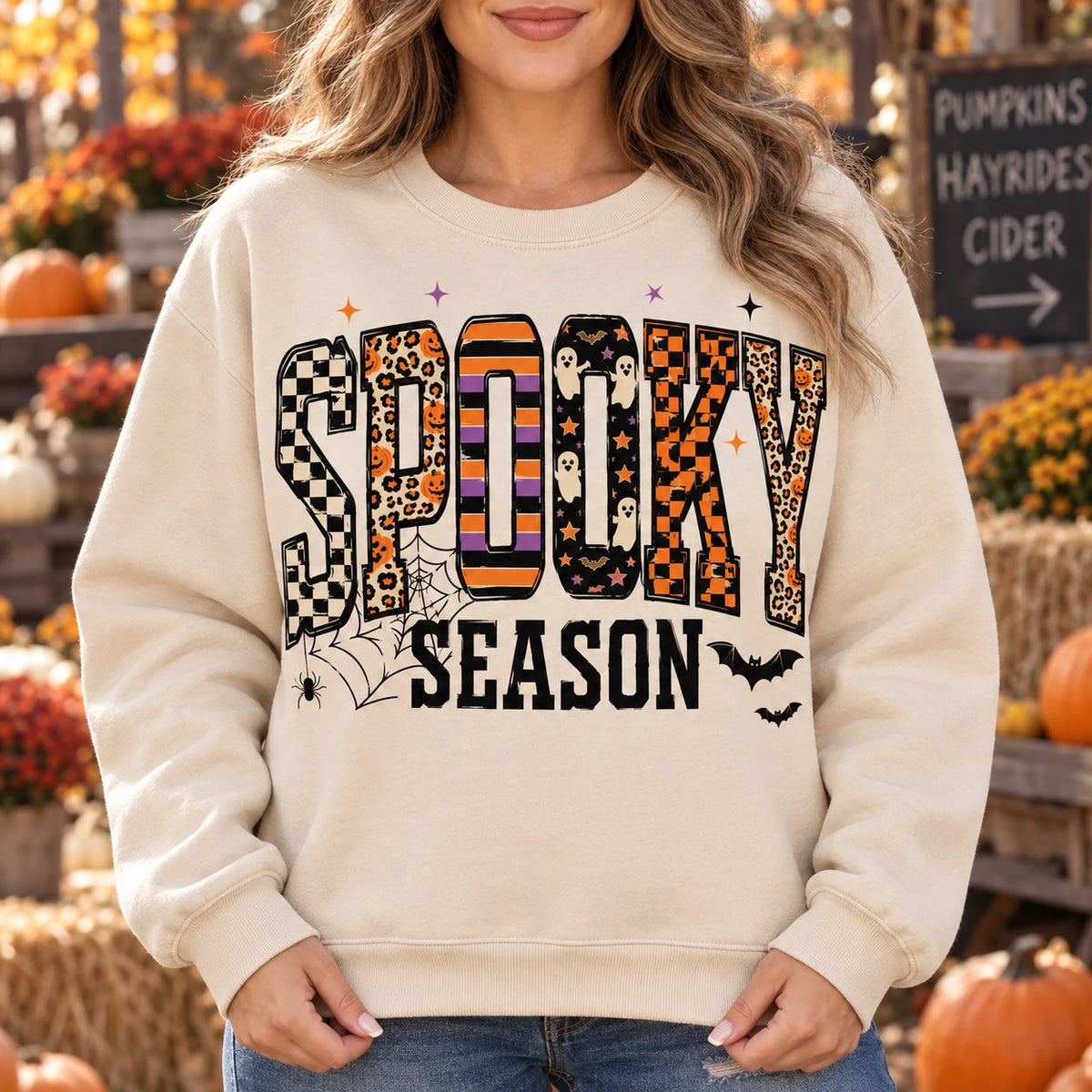 Women's Spooky Season Retro Varsity Graphic Pullover Sweatshirt & T-Shirt, Halloween Fall Checkered Ghost Top
