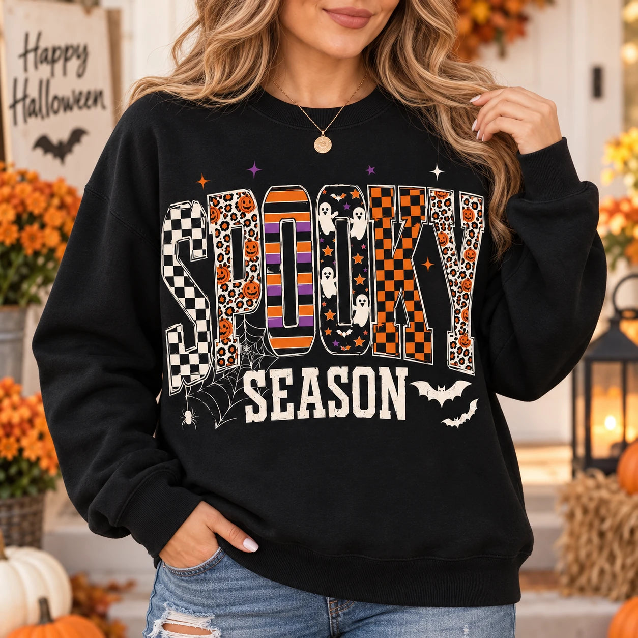 Women's Spooky Season Retro Varsity Graphic Pullover Sweatshirt & T-Shirt, Halloween Fall Checkered Ghost Top