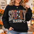 Spooky Season Retro Varsity Sweatshirt, Checkered Ghost Leopard Pumpkin Graphic, Halloween Fall Outfit