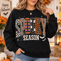 Women's Spooky Season Retro Varsity Graphic Pullover Sweatshirt & T-Shirt, Halloween Fall Checkered Ghost Top
