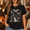 Spooky Tattoo Flash Halloween T-Shirt, Vintage Gothic Woodcut Ghost Cat and Bat Graphic, Fall Gift