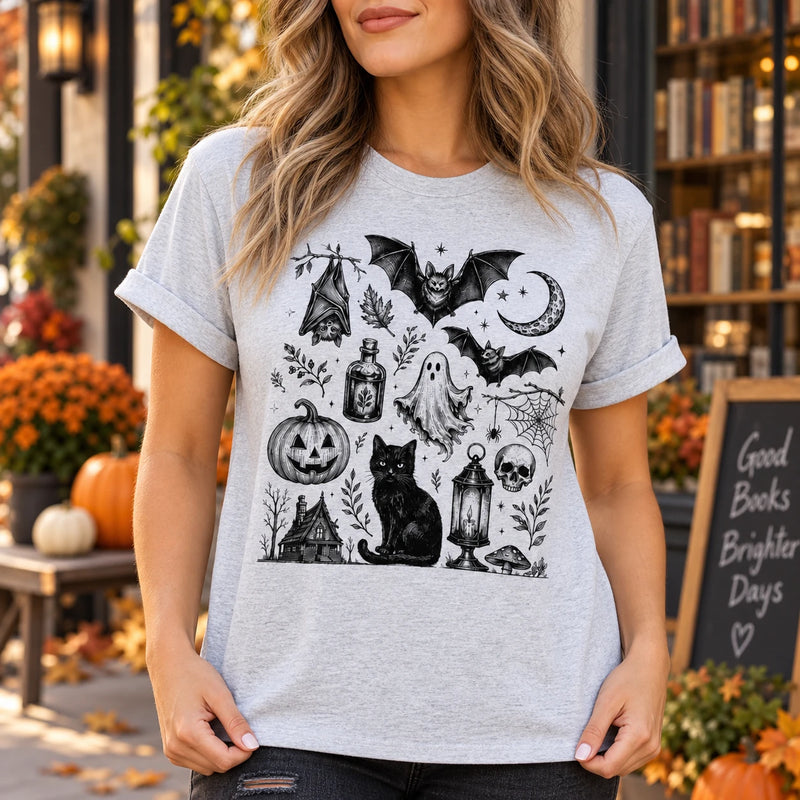 Women's Spooky Tattoo Flash Graphic T-Shirt Vintage Gothic Halloween Fall Top