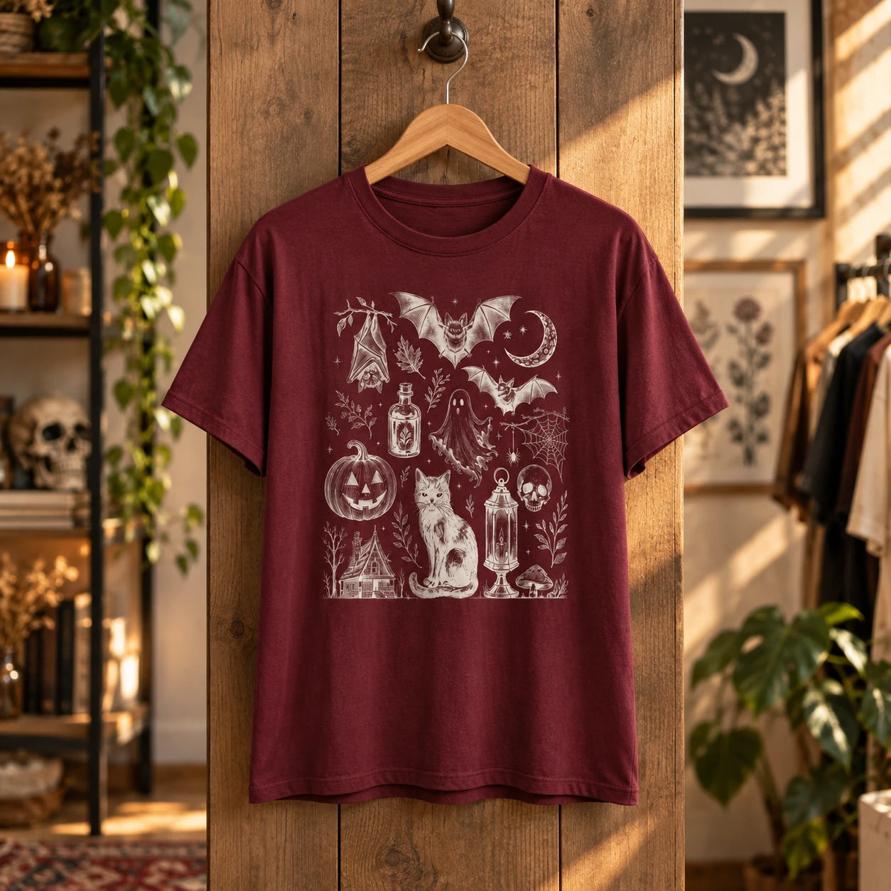Women's Spooky Tattoo Flash Graphic T-Shirt Vintage Gothic Halloween Fall Top