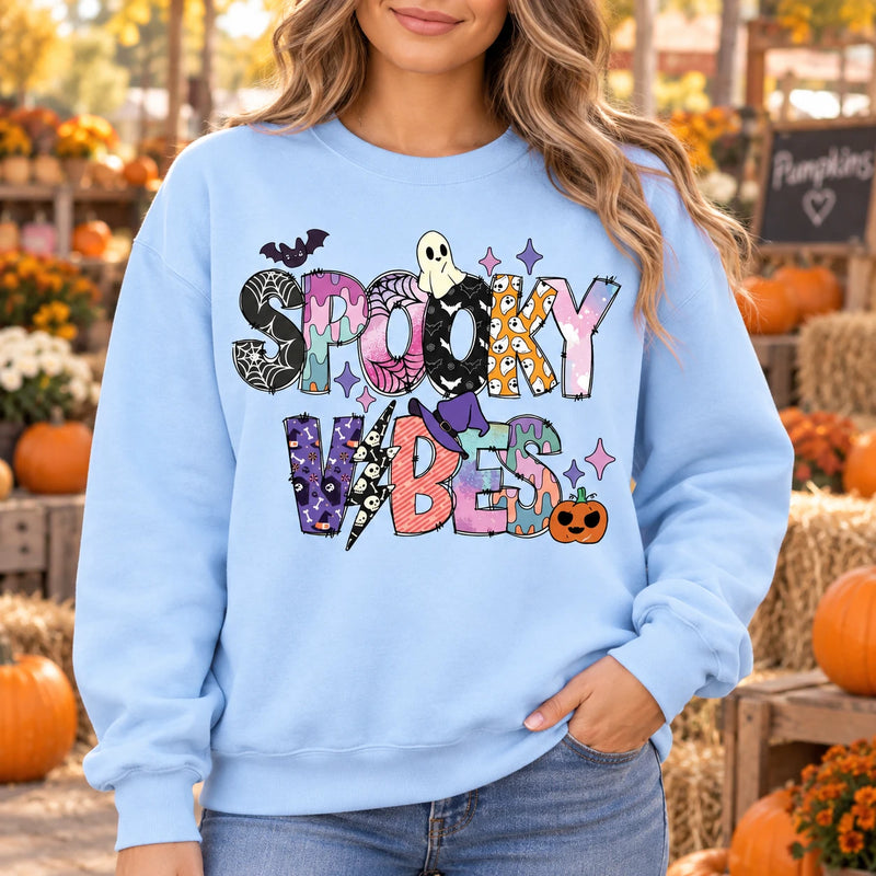 Women's Spooky Vibes Graphic Sweatshirt Cute Pastel Ghost Halloween Long Sleeve Top