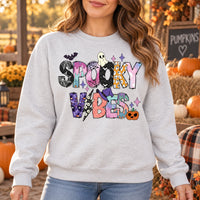 Women's Spooky Vibes Graphic Sweatshirt Cute Pastel Ghost Halloween Long Sleeve Top