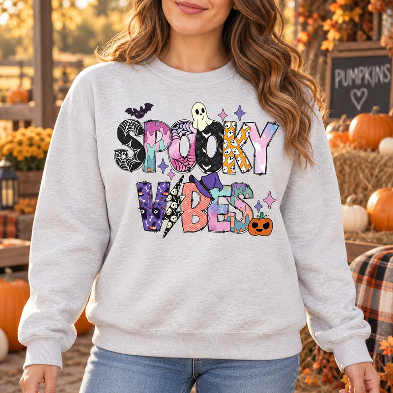 Women's Spooky Vibes Graphic Sweatshirt Cute Pastel Ghost Halloween Long Sleeve Top