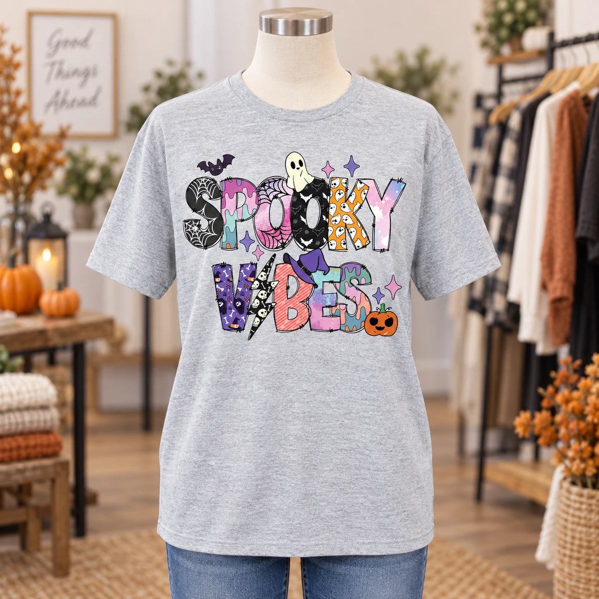 Women's Spooky Vibes Graphic Sweatshirt Cute Pastel Ghost Halloween Long Sleeve Top