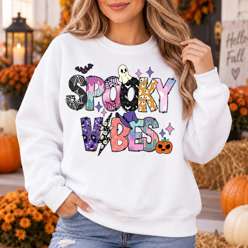 Women's Spooky Vibes Graphic Sweatshirt Cute Pastel Ghost Halloween Long Sleeve Top