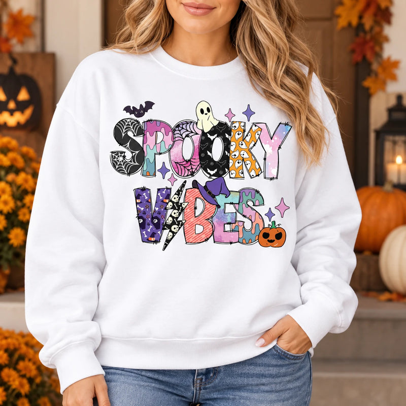 Women's Spooky Vibes Graphic Sweatshirt Cute Pastel Ghost Halloween Long Sleeve Top