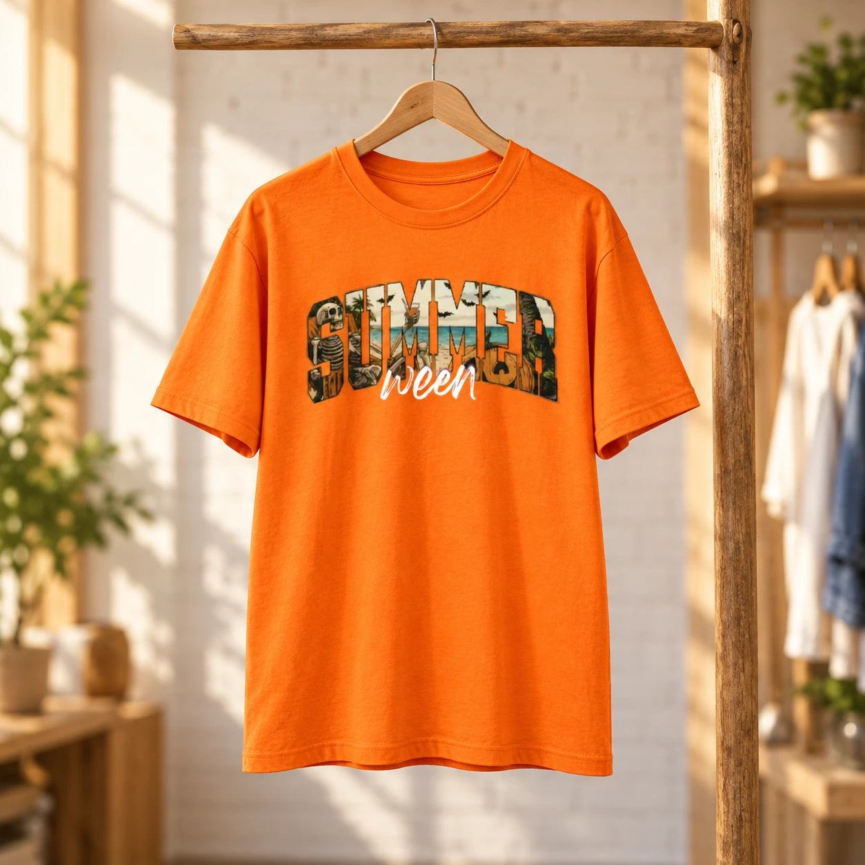 Women's Summerween T-Shirt Skeleton Pumpkin Beach Halloween Vacation Retro Spooky Tropical Tee