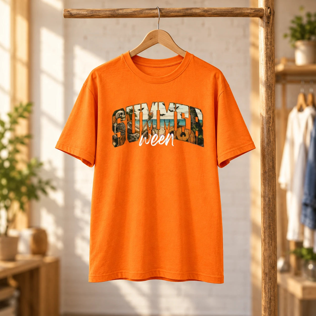 Women's Summerween T-Shirt Skeleton Pumpkin Beach Halloween Vacation Retro Spooky Tropical Tee
