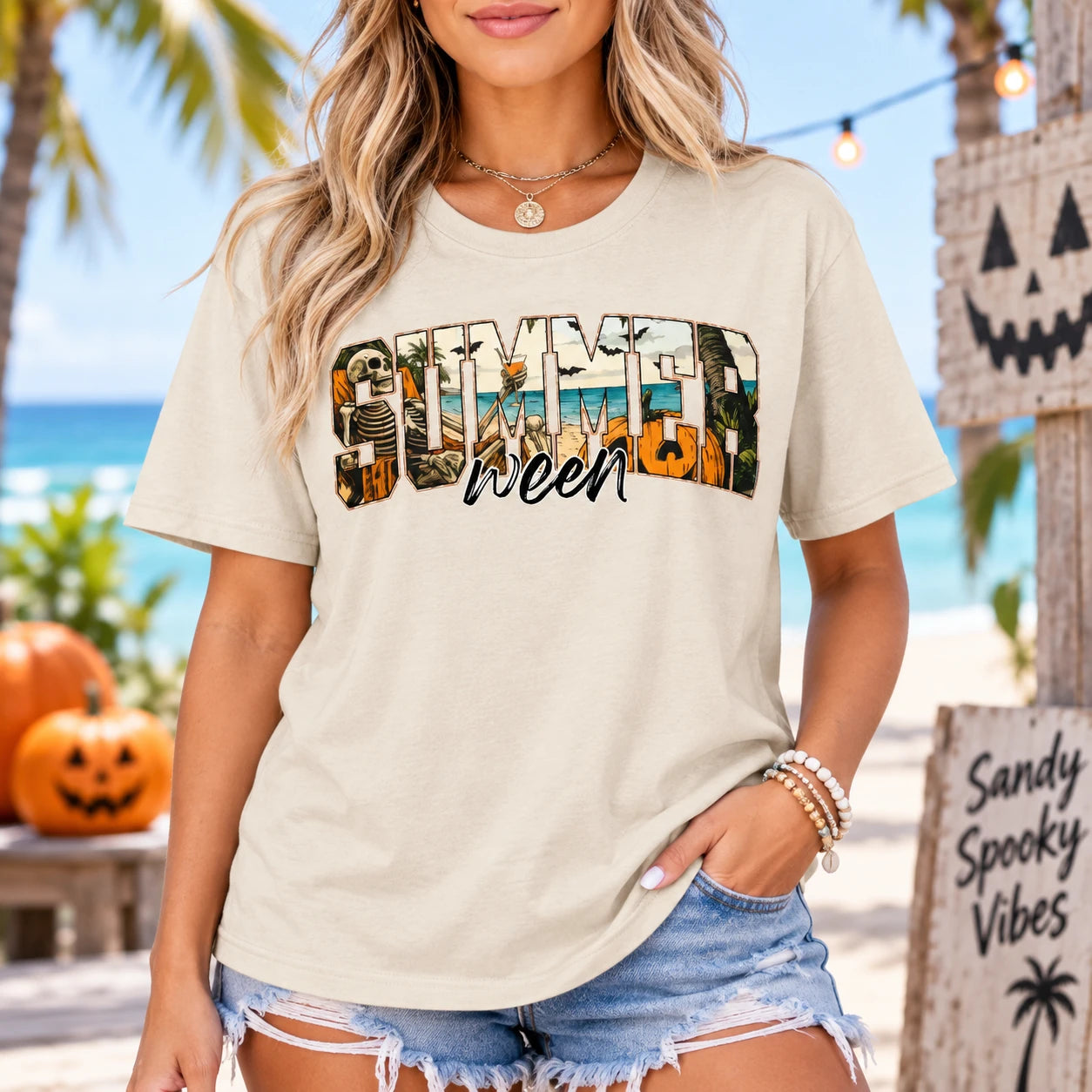 Women's Summerween T-Shirt Skeleton Pumpkin Beach Halloween Vacation Retro Spooky Tropical Tee