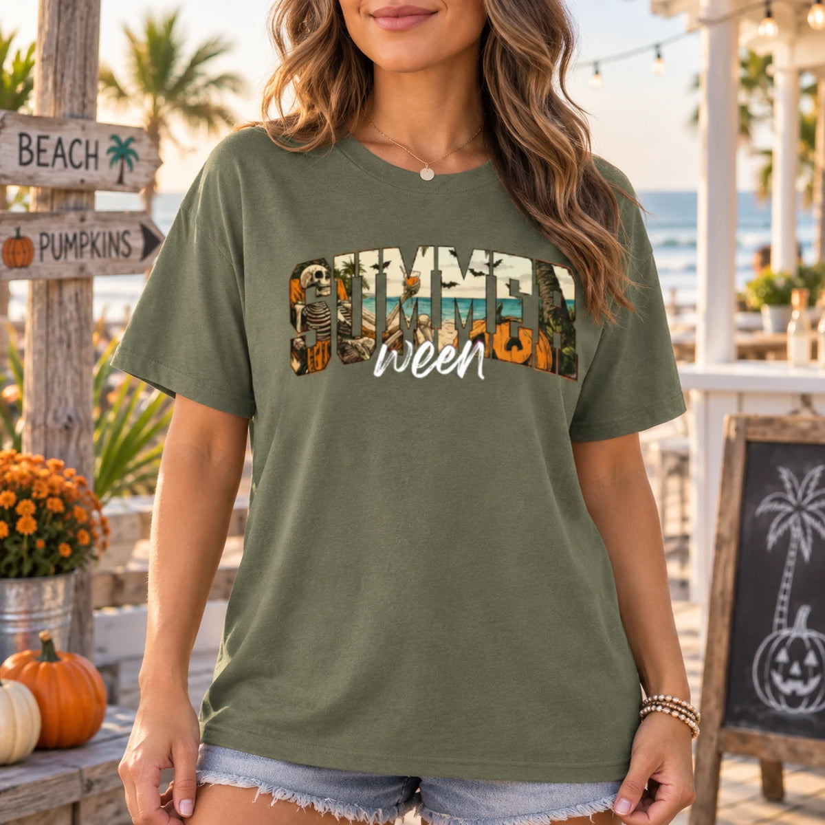 Women's Summerween T-Shirt Skeleton Pumpkin Beach Halloween Vacation Retro Spooky Tropical Tee