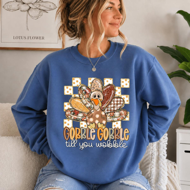 Women's Thanksgiving Outfit, Gobble Gobble Till You Wobble Sweatshirt, Turkey Day Women, Cute Retro Floral Design