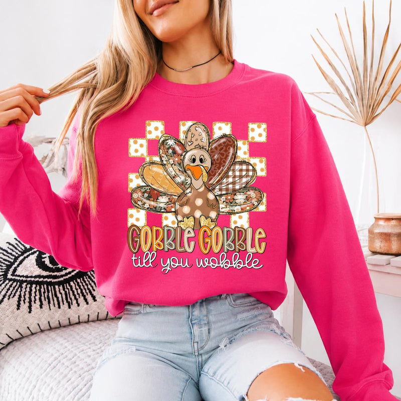 Women's Thanksgiving Outfit, Gobble Gobble Till You Wobble Sweatshirt, Turkey Day Women, Cute Retro Floral Design