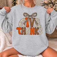Women's Thanksgiving Sweatshirt, Give Thanks Leopard Bow, Harvest Season Women, Cute Coquette Fall Design