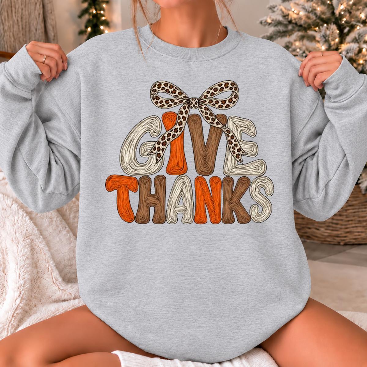 Women's Thanksgiving Sweatshirt, Give Thanks Leopard Bow, Harvest Season Women, Cute Coquette Fall Design