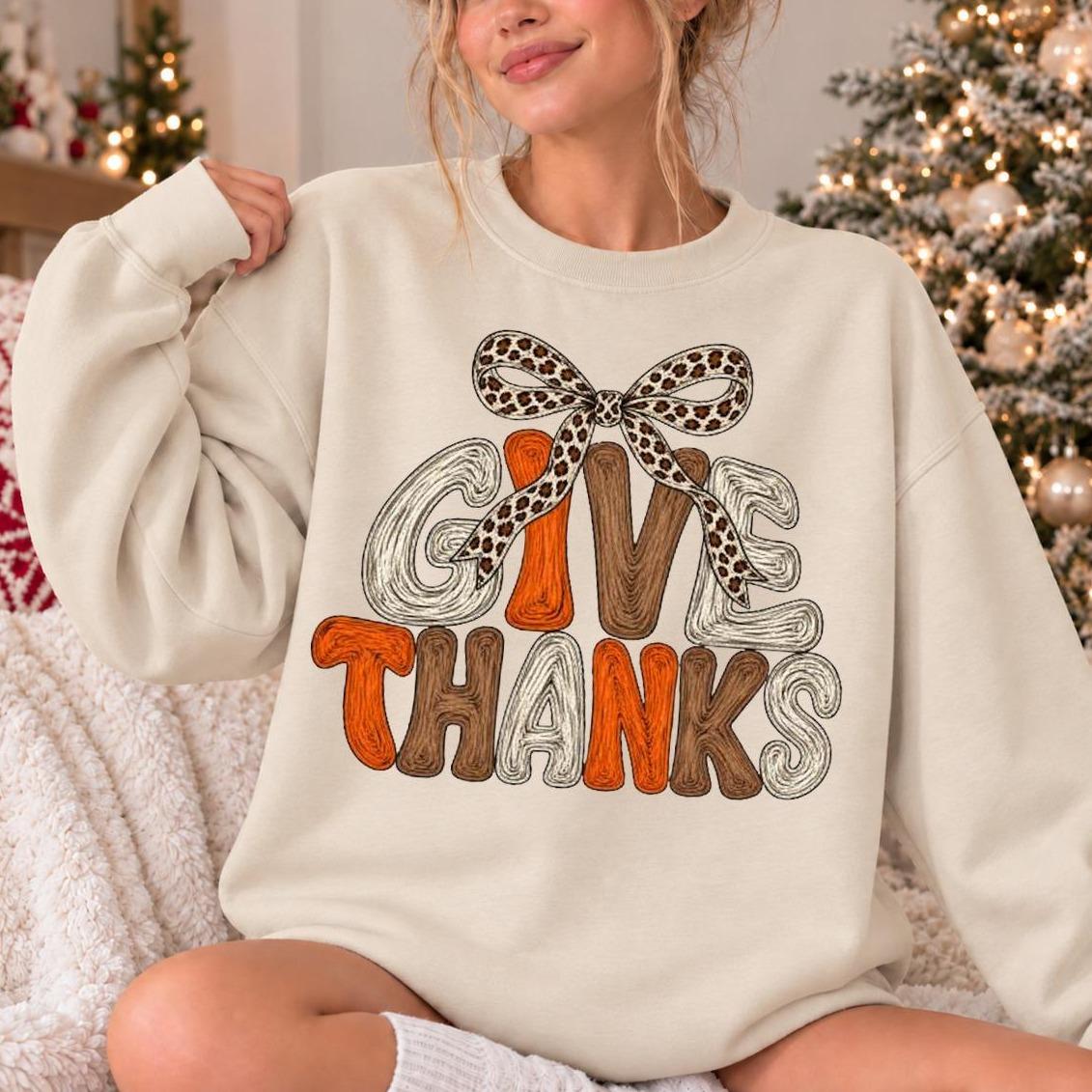 Women's Thanksgiving Sweatshirt, Give Thanks Leopard Bow, Harvest Season Women, Cute Coquette Fall Design