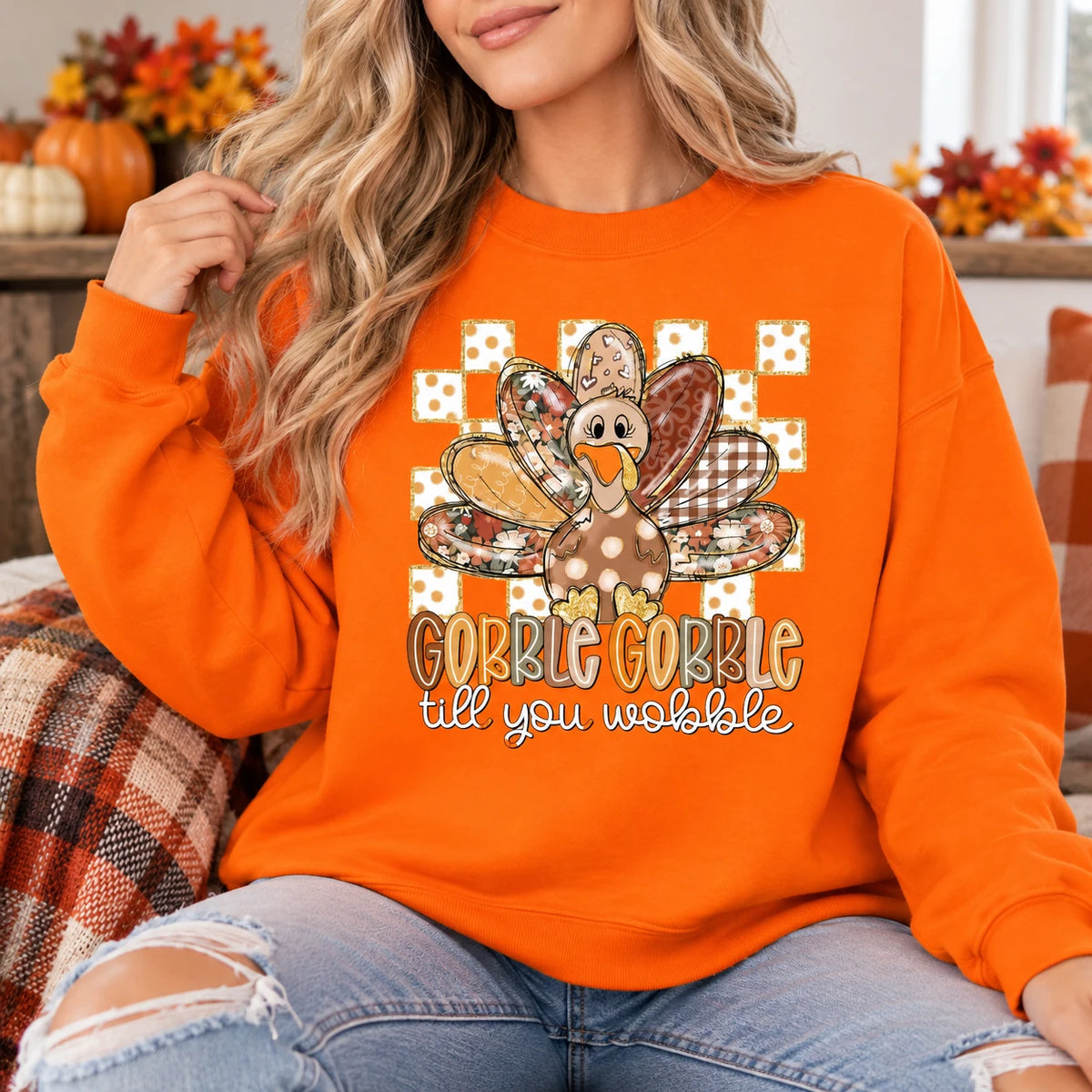 Women's Thanksgiving Sweatshirt, Gobble Gobble Till You Wobble Turkey, Funny Retro Floral Design, Cute Fall Holiday Outfit
