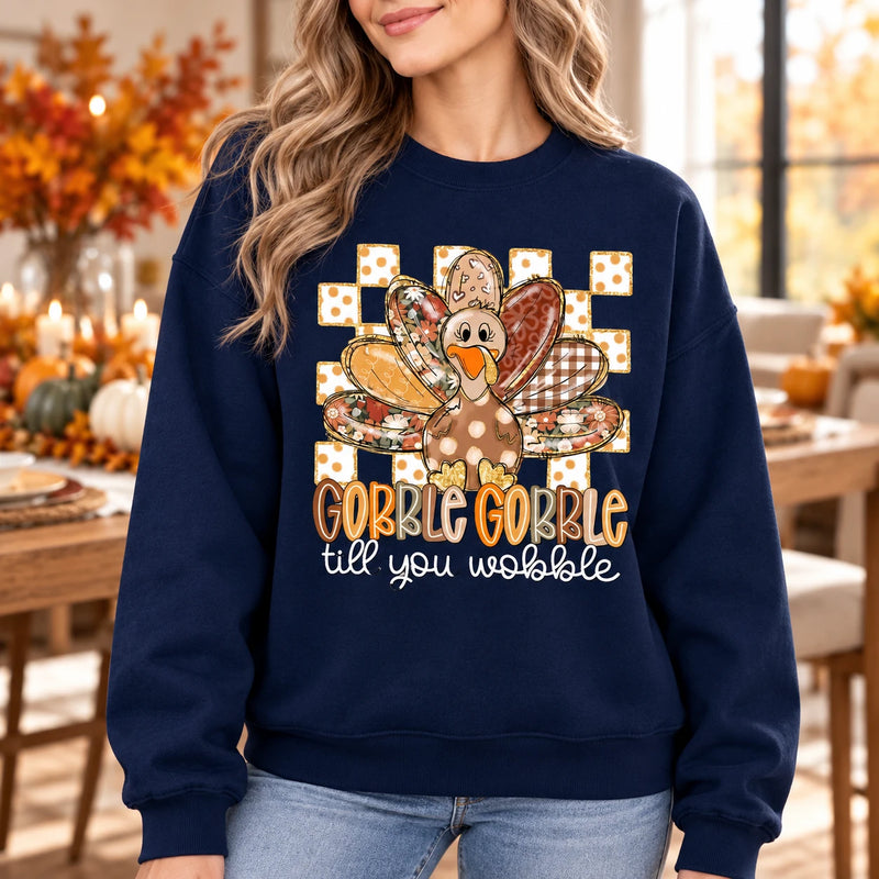 Women's Thanksgiving Sweatshirt, Gobble Gobble Till You Wobble Turkey, Funny Retro Floral Design, Cute Fall Holiday Outfit