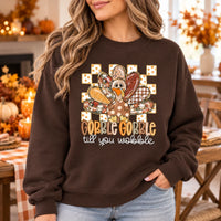 Women's Thanksgiving Sweatshirt, Gobble Gobble Till You Wobble Turkey, Funny Retro Floral Design, Cute Fall Holiday Outfit