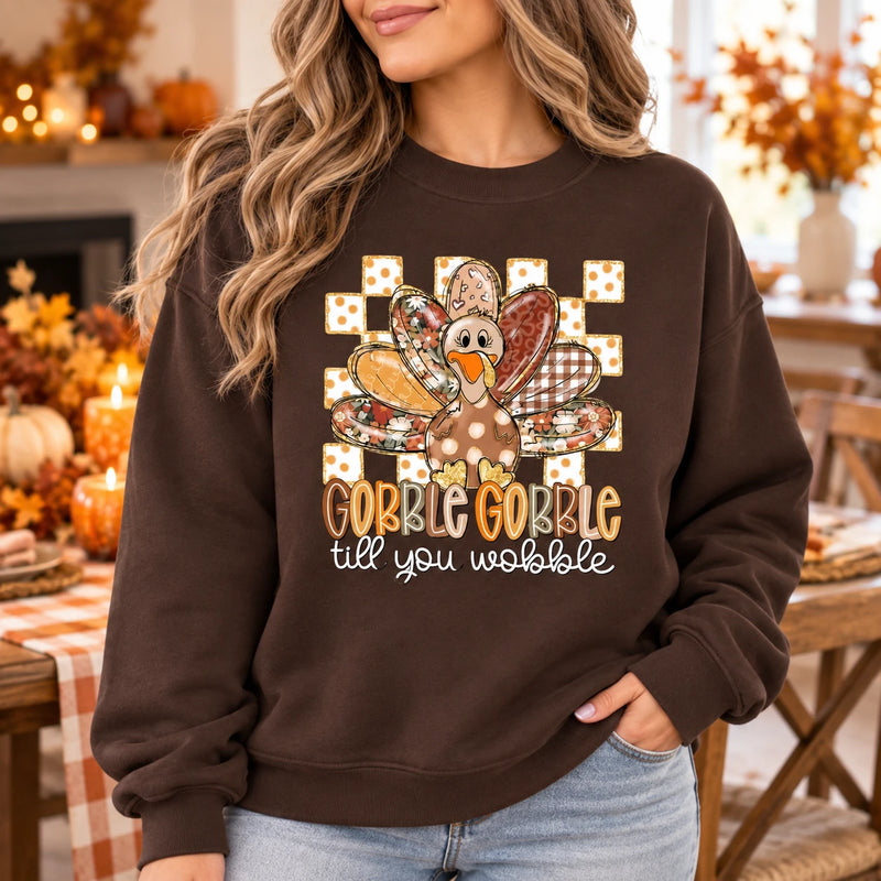 Women's Thanksgiving Sweatshirt, Gobble Gobble Till You Wobble Turkey, Funny Retro Floral Design, Cute Fall Holiday Outfit