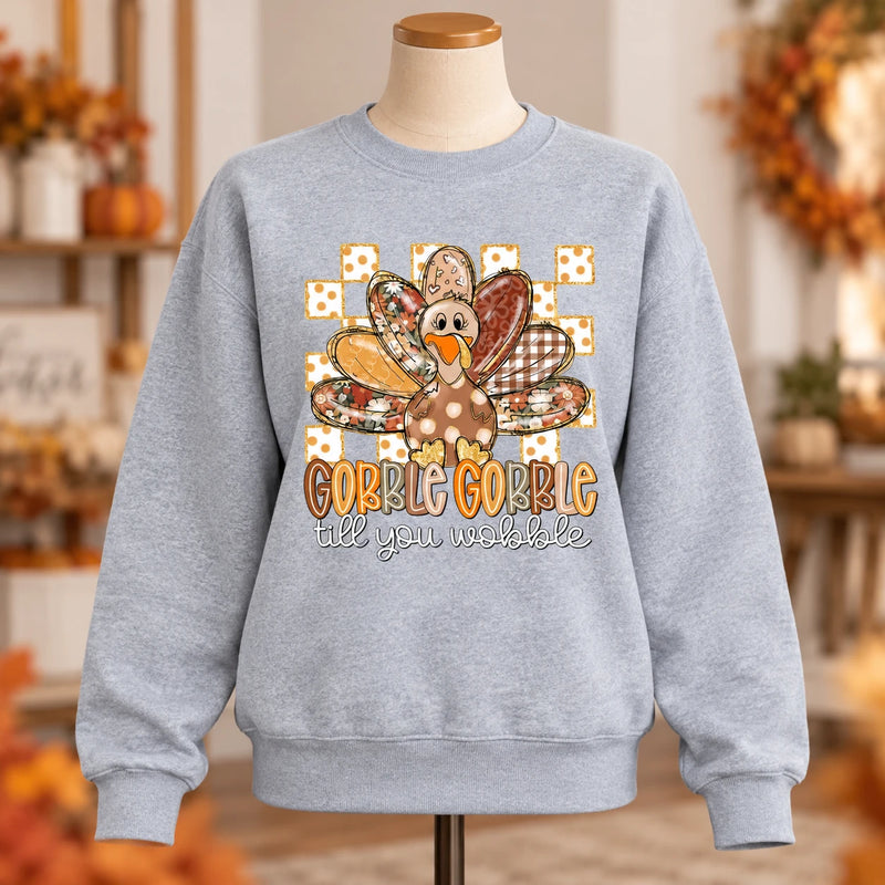 Women's Thanksgiving Sweatshirt, Gobble Gobble Till You Wobble Turkey, Funny Retro Floral Design, Cute Fall Holiday Outfit