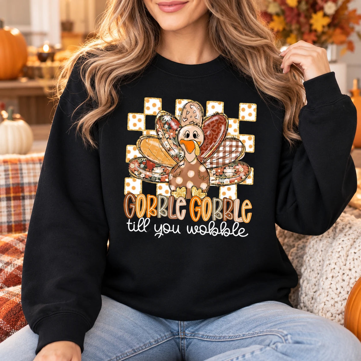 Women's Thanksgiving Sweatshirt, Gobble Gobble Till You Wobble Turkey, Funny Retro Floral Design, Cute Fall Holiday Outfit