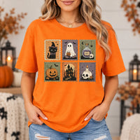 Women's Vintage Halloween Postage Stamp Graphic T-Shirt Cute Retro Ghost Pumpkin Spooky Season Fall Shirt