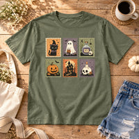 Women's Vintage Halloween Postage Stamp Graphic T-Shirt Cute Retro Ghost Pumpkin Spooky Season Fall Shirt