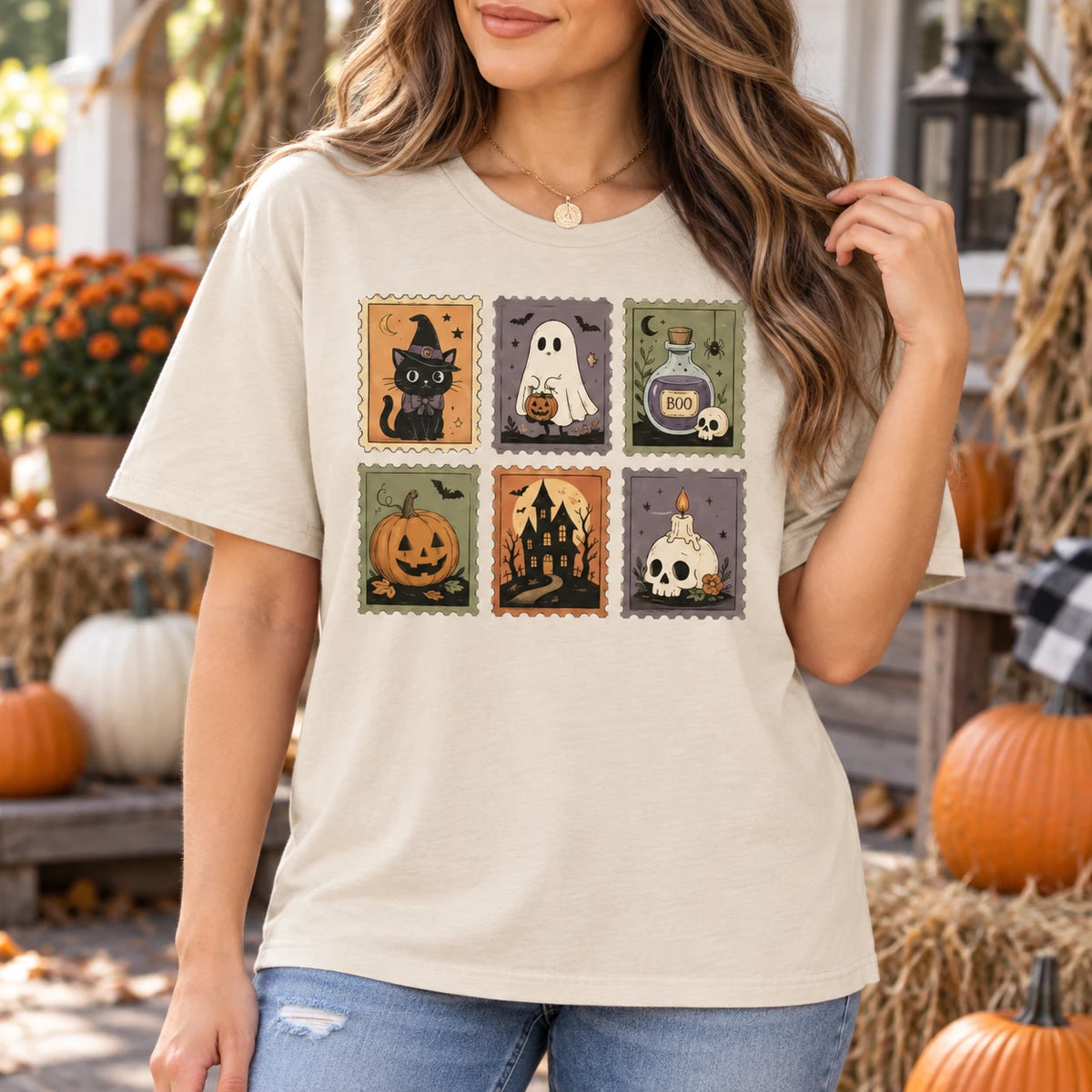 Women's Vintage Halloween Postage Stamp Graphic T-Shirt Cute Retro Ghost Pumpkin Spooky Season Fall Shirt