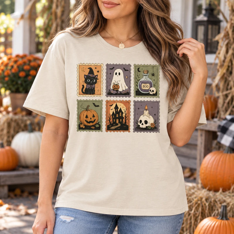 Women's Vintage Halloween Postage Stamp Graphic T-Shirt Cute Retro Ghost Pumpkin Spooky Season Fall Shirt