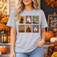 Women's Vintage Halloween Postage Stamp Graphic T-Shirt Cute Retro Ghost Pumpkin Spooky Season Fall Shirt