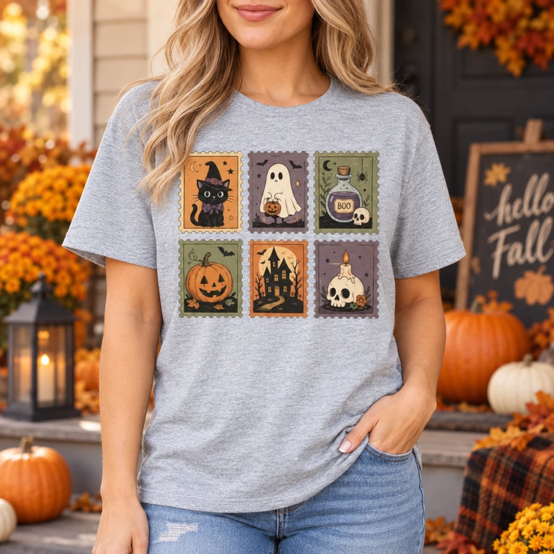 Women's Vintage Halloween Postage Stamp Graphic T-Shirt Cute Retro Ghost Pumpkin Spooky Season Fall Shirt