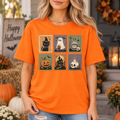 Women's Vintage Halloween Postage Stamp Graphic T-Shirt Cute Retro Ghost Pumpkin Spooky Season Fall Shirt