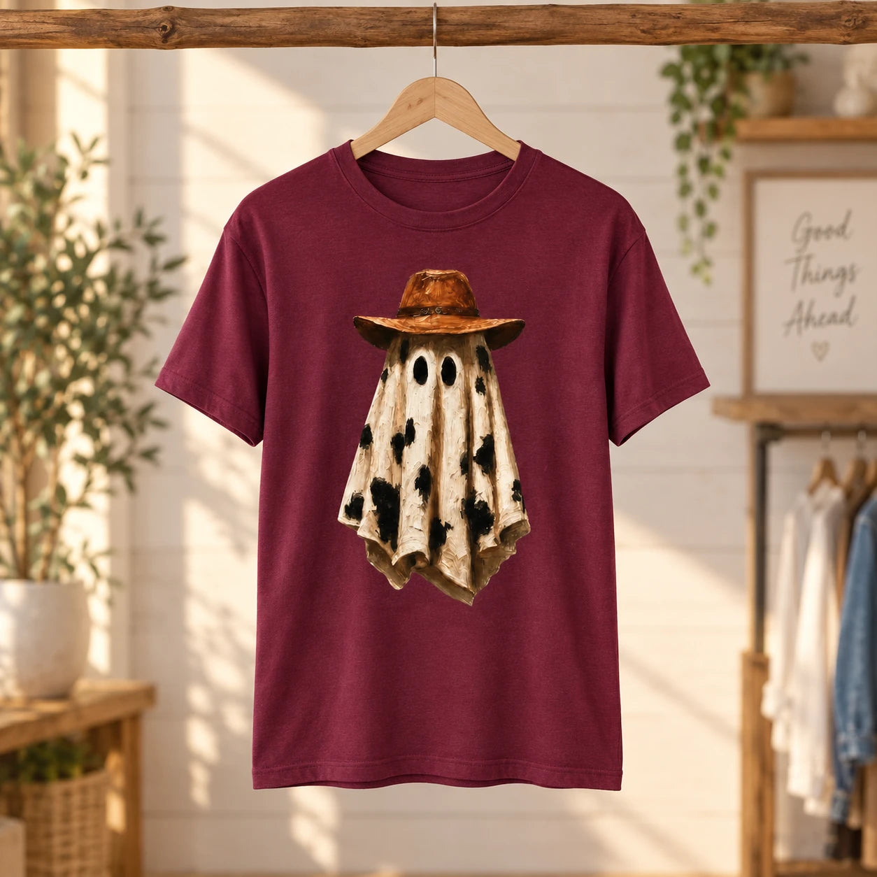 Women's Western Ghost Graphic Sweatshirt Cute Cow Print Cowboy Ghost Spooky Season Fall
