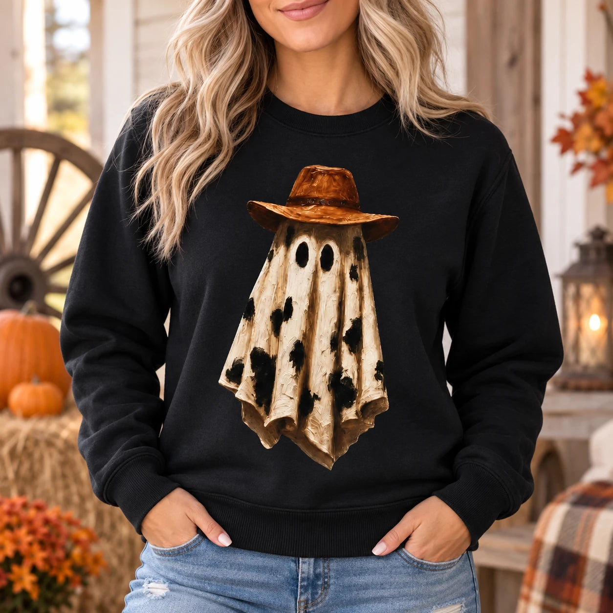 Women's Western Ghost Graphic Sweatshirt Cute Cow Print Cowboy Ghost Spooky Season Fall