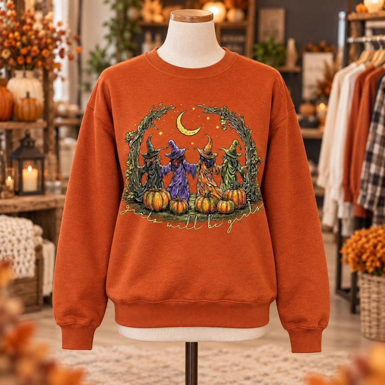Women's Witch Coven Sweatshirt Vintage Girls Will Be Girls Graphic Fall Halloween Pullover