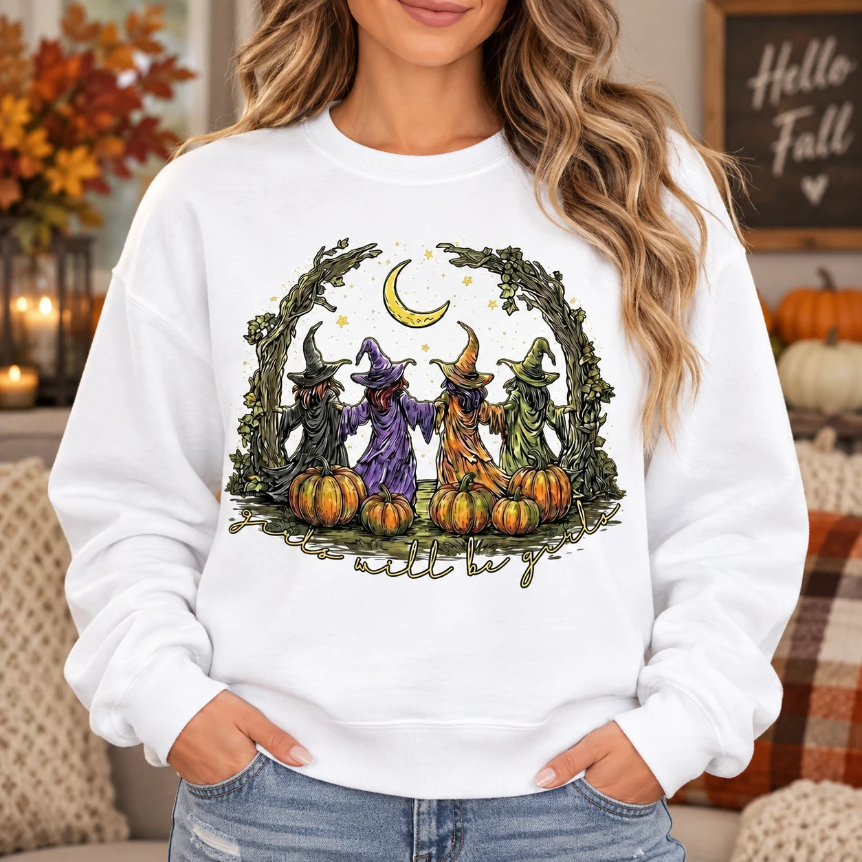 Women's Witch Coven Sweatshirt Vintage Girls Will Be Girls Graphic Fall Halloween Pullover