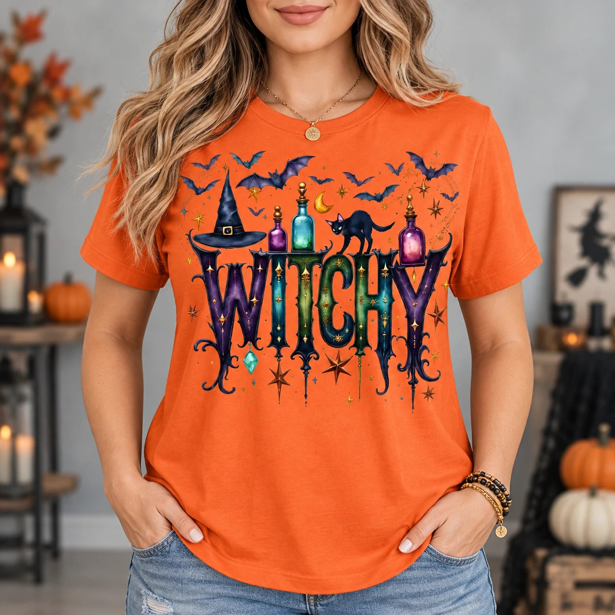 Women's Witchy Halloween Graphic T-Shirt Spooky Season Gothic Mystic Potion Top