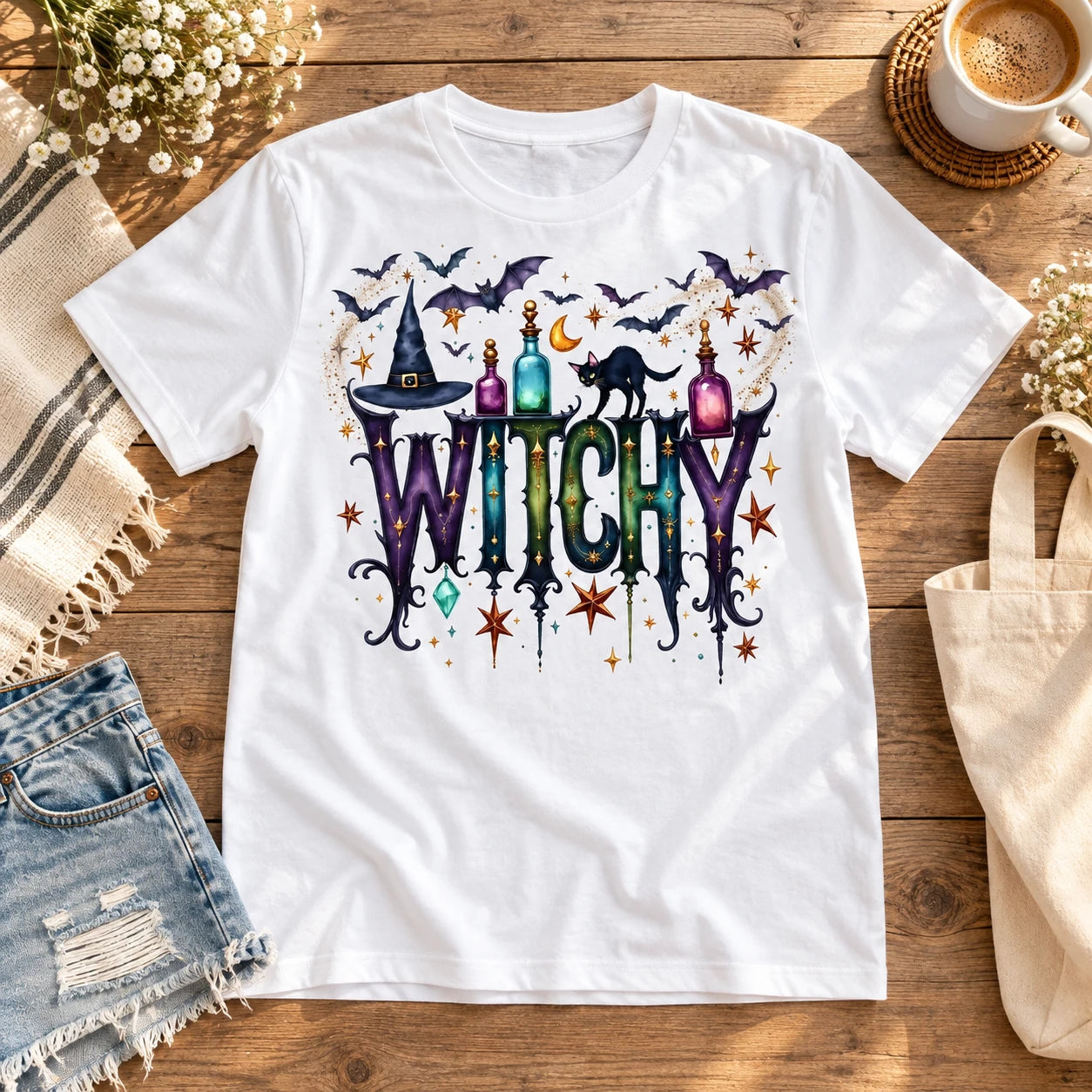 Women's Witchy Halloween Graphic T-Shirt Spooky Season Gothic Mystic Potion Top