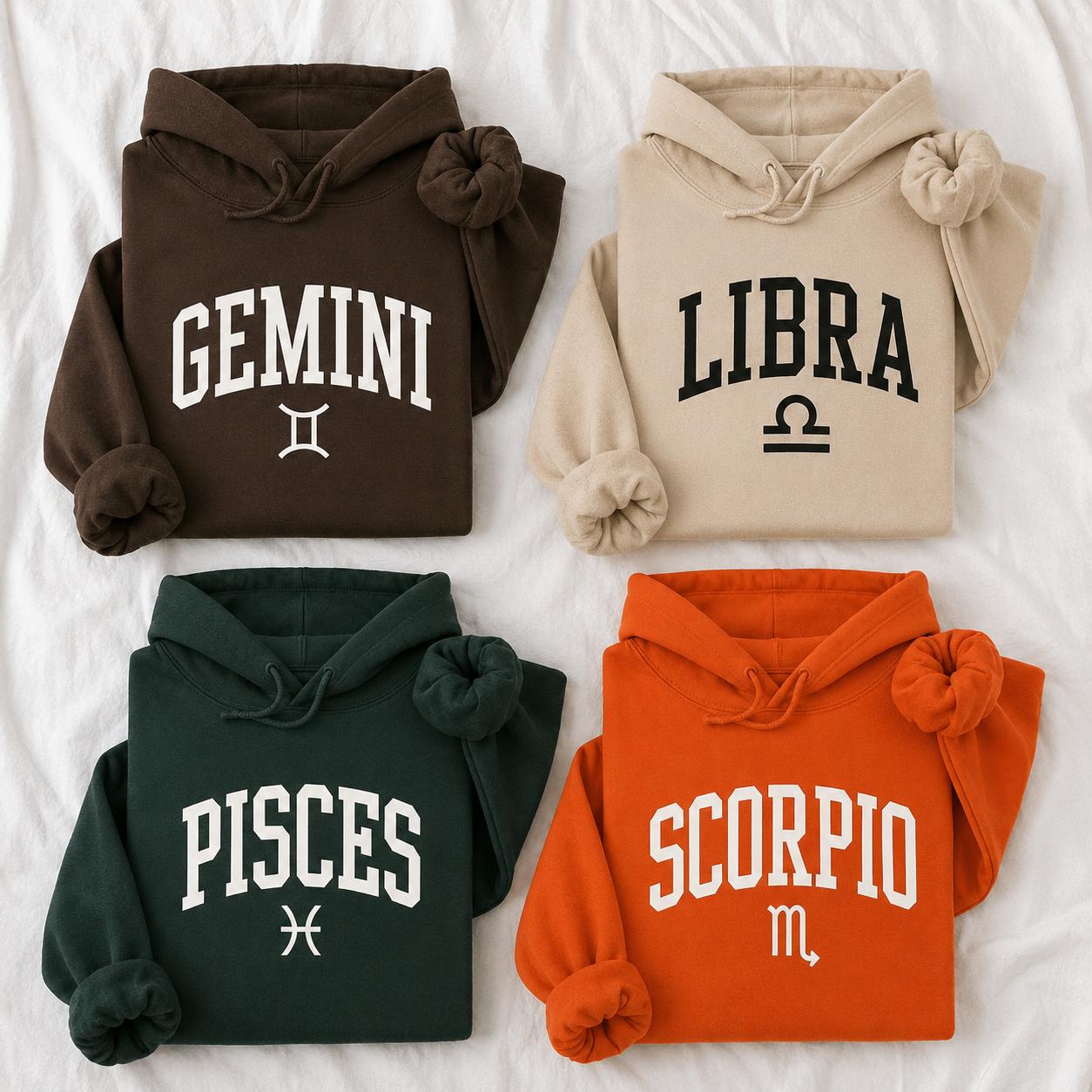 Zodiac Sign Hoodie, Name & Glyph Vintage Varsity Look